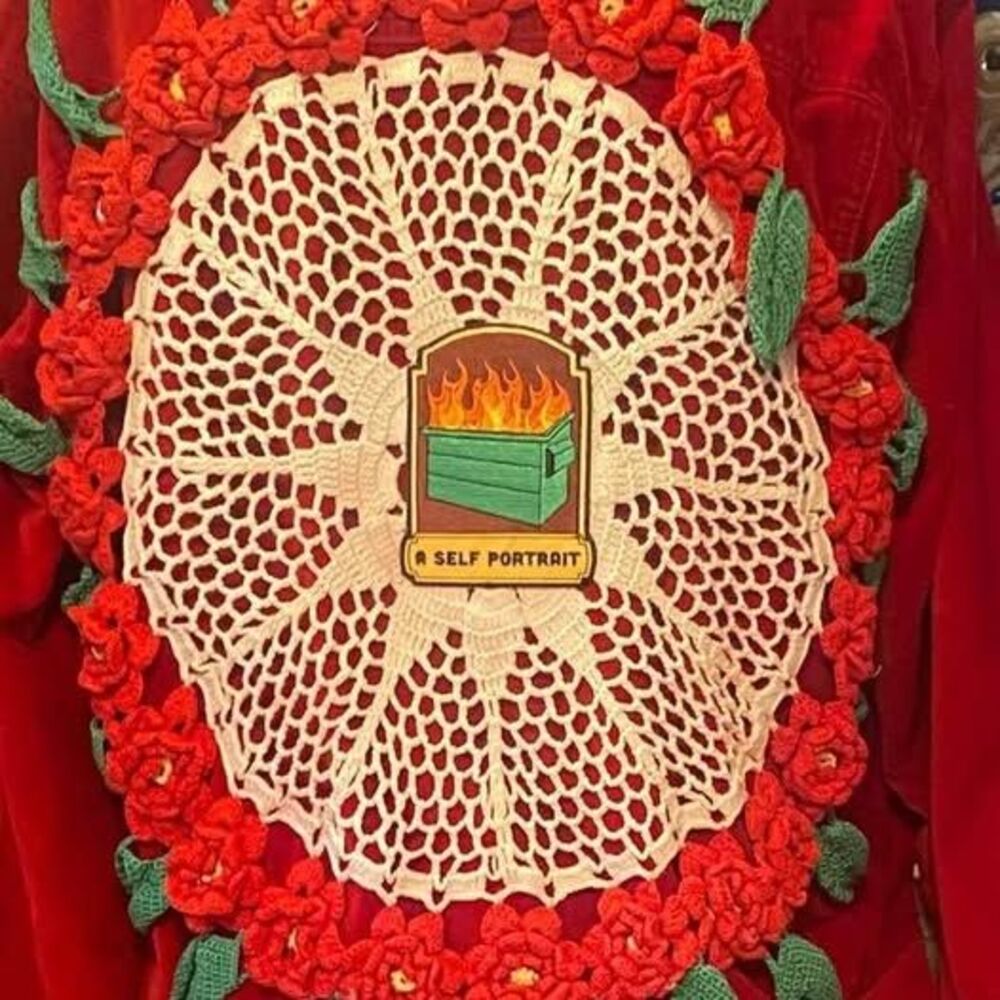 OOAK Red Velvet Upcycled Wearable Art Jacket Crochet Floral Appliqué